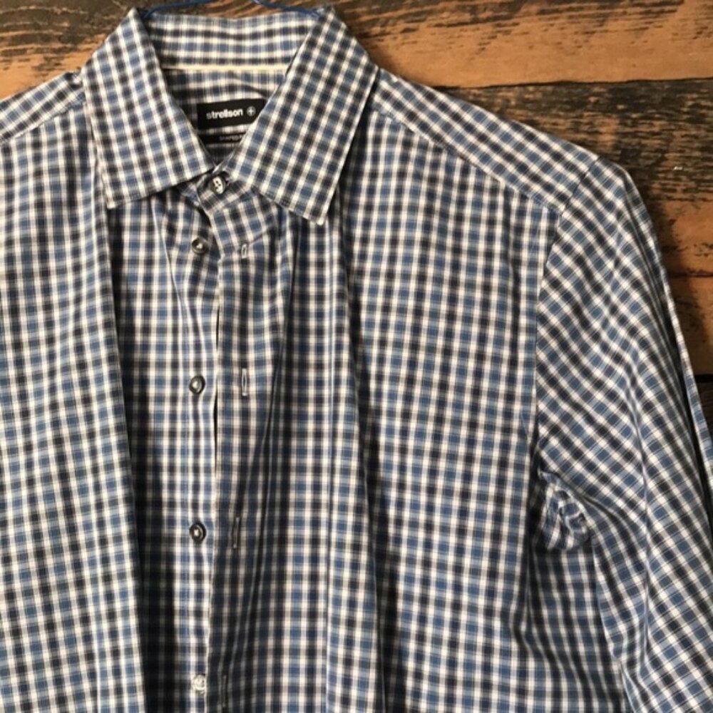 3/$40 STRELLSON Cotton Button Down Dress Shirt sz 40 15 ¾ Shaped Fit Blue Navy